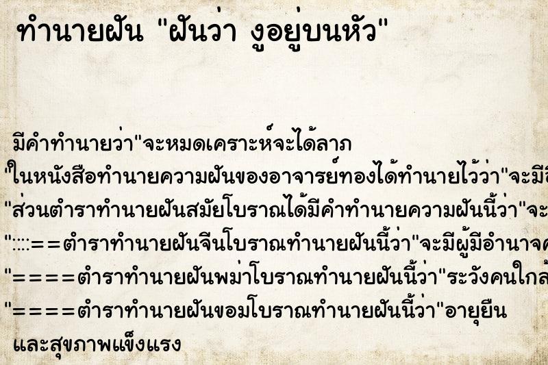 ทำนายฝัน ฝันว่า งูอยู่บนหัว ทำนายฝัน ฝันว่า งูอยู่บนหัว